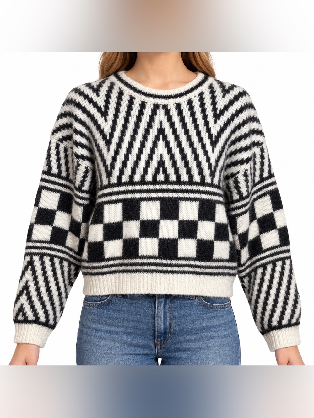 MOTHER Itsy Crop Jumper Alpaca Sweater Black Ivory Geometric Size Large